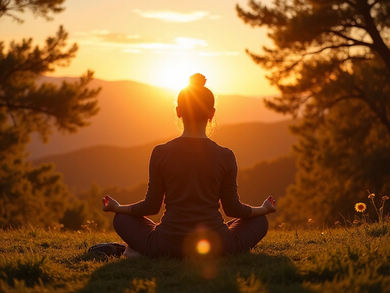 A serene image of someone meditating or practicing yoga outdoors in a natural, peaceful setting during sunrise or sunset, symbolizing holistic wellness and inner peace.